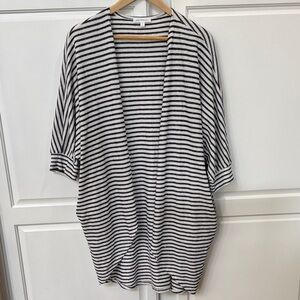 DownEast Navy Blue and White Striped Open Front Cardigan